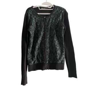 7th Avenue Design Studio Black and Green floral Lace Long Sleeve Cardigan Size S